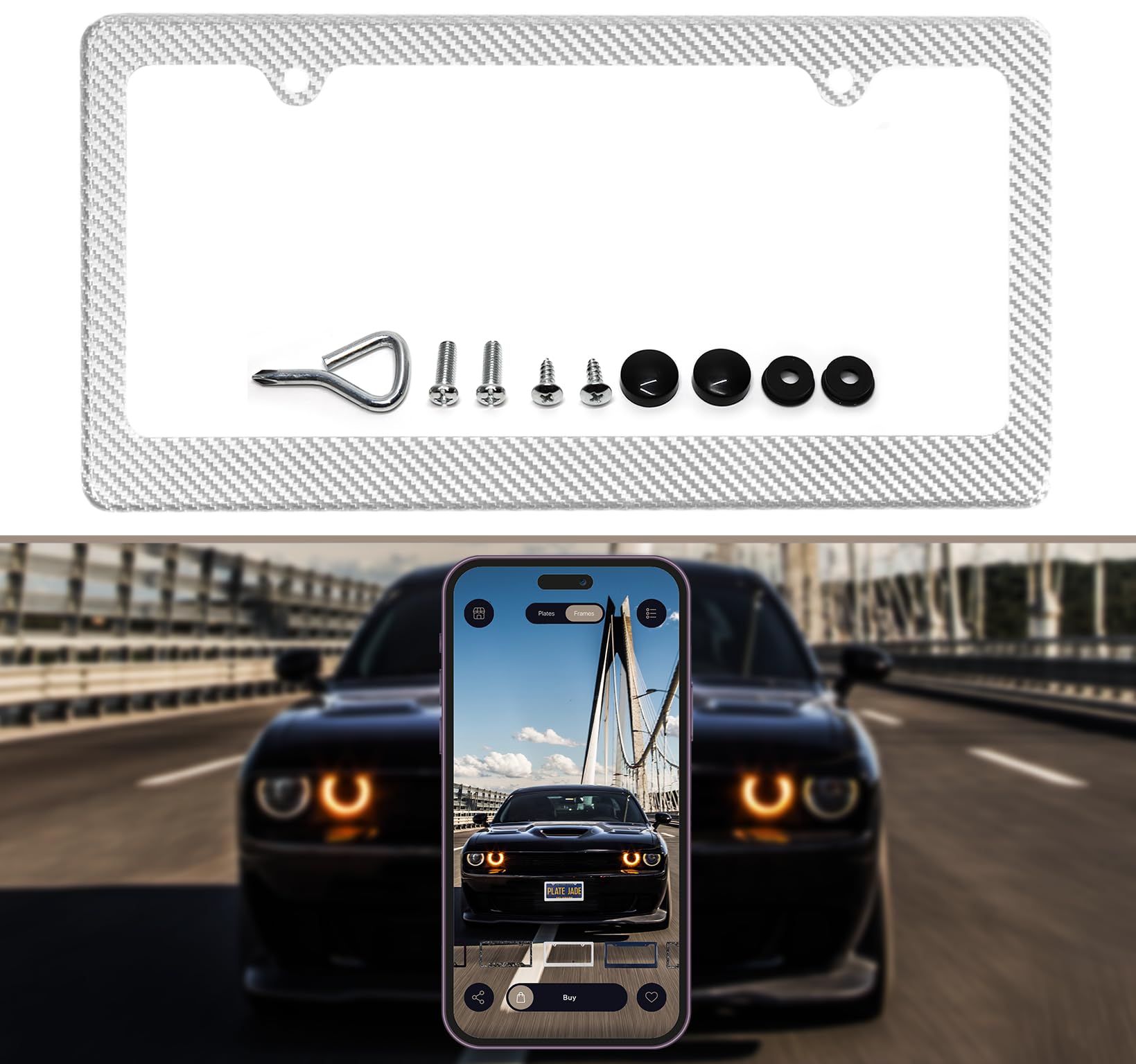 Car 100% Real 3k Twill Weave Silver Carbon Fiber License Plate Frame Cover, Glossy UV Protection, Front/Rear Fit for USA/Canada/Mexico Standard Size 6.25"" x 12.25""