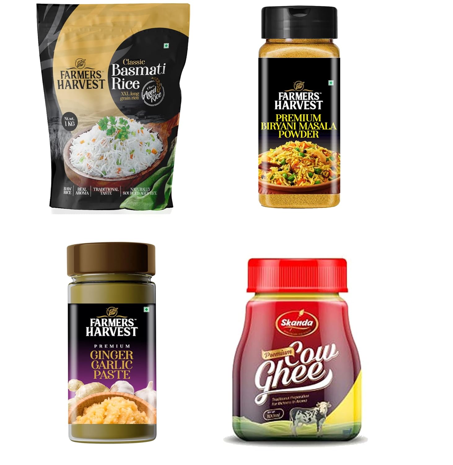 Farmers Harvest Multi Combo pack of 4 ((Basmati Rice1KG Long Grain Rice, Ginger Garlic