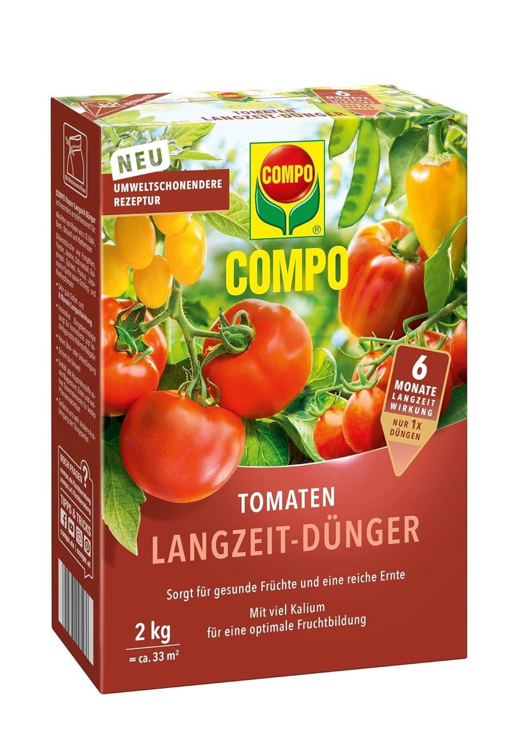 COMPO Tomaten Langzeit-Dünger für frucht- und knollenbildendes Feingemüse sowie Gewürzkräuter, Tomatendünger, 6 Monate Langzeitwirkung, 2 kg, 33 m²