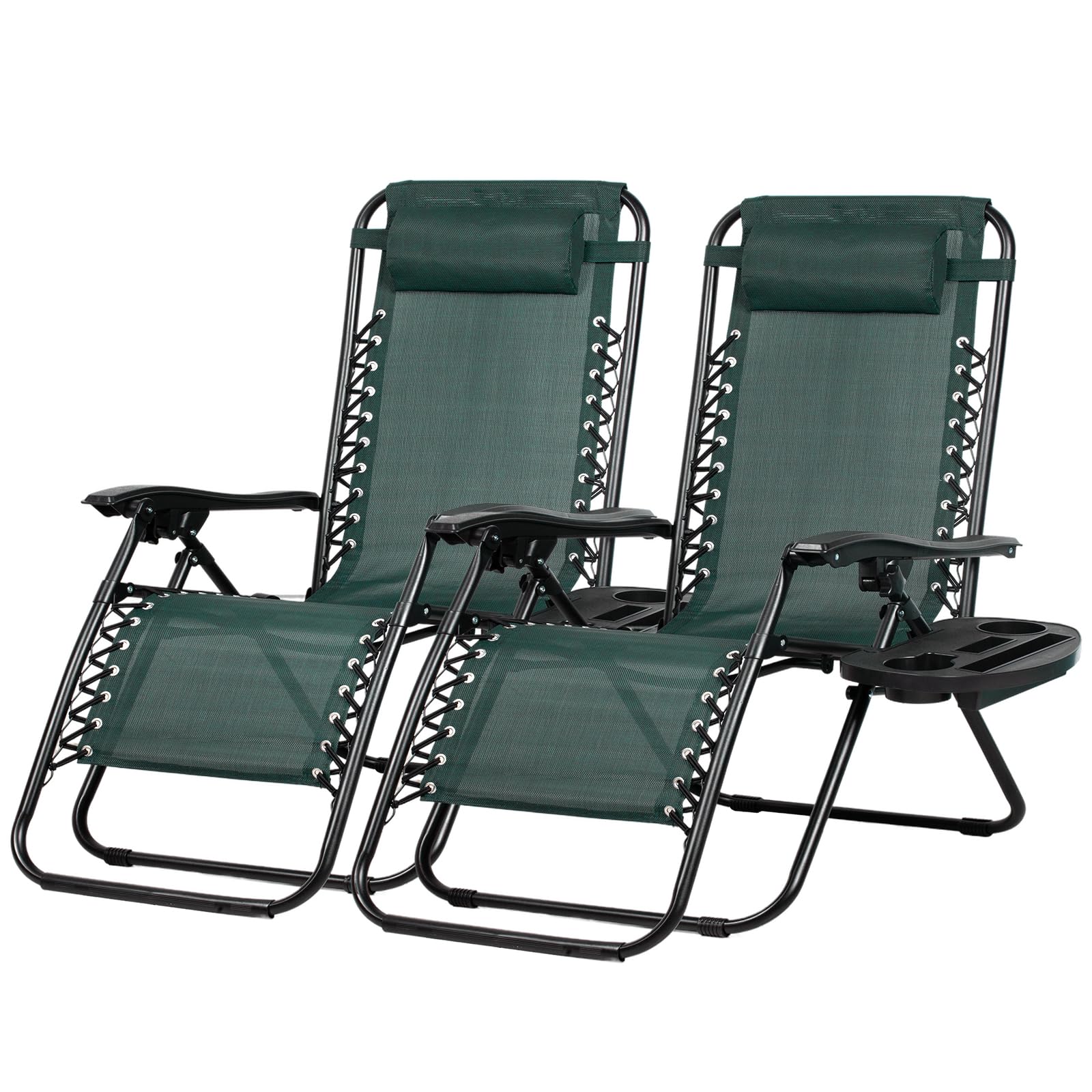 Nazhura Set of 2 Relaxing Recliners Patio Chairs Adjustable Steel Mesh Zero Gravity Lounge Chair Beach Chairs with Pillow and Cup Holder (Dark Green)