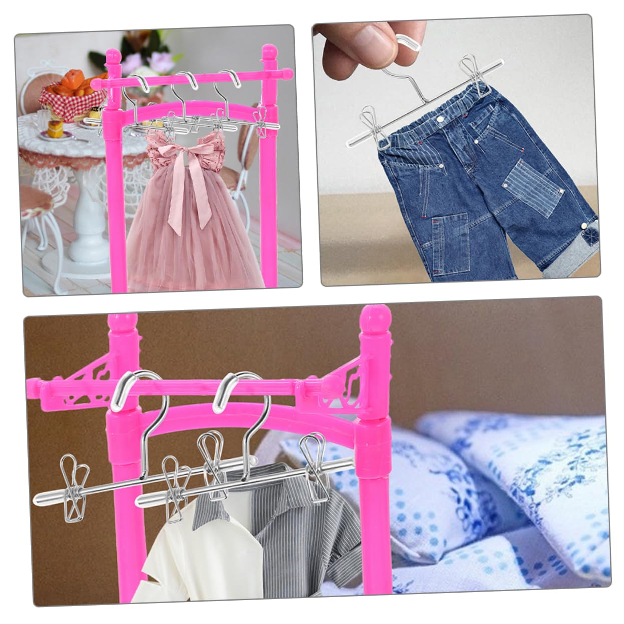8 mini perchas de metal para ropa de muñecas, diseño que ahorra espacio con clips protectores para armario de muñecas, perfectas para guardar vestidos, trajes y accesorios