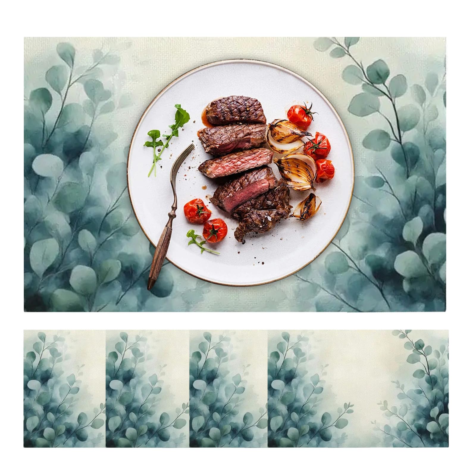 BSITSSS 4 PCS Placemats, Eucalyptus Leaves Place Mats for Table, 30 x 45 cm Ink Painting Table Mats for Seasonal Wedding Summer Kitchen Tables Decoration Indoor Holiday Party Decor