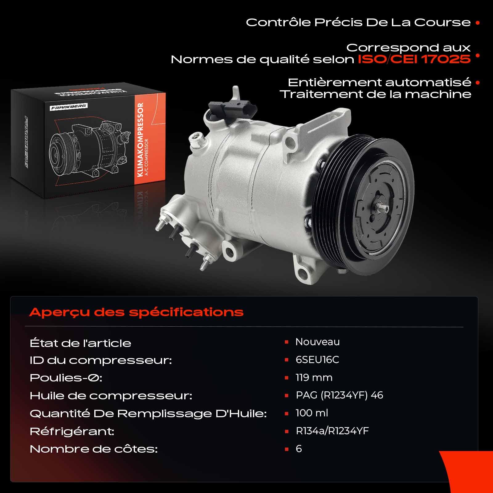 Frankberg Compresseur de climatisation avec embrayage 9809274880 | Compatible avec: 308 SW II L4 LC LJ LR LX, Fourgonnette C4 Picasso II DD, C4 Grand Picasso II DA DE, C4 Picasso II