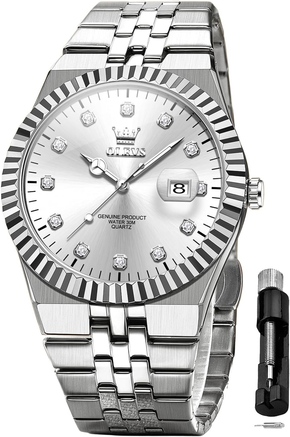 OLEVS Mens Watches Luxury Diamond Calendar Stainless Steel Male Watches Business Dress Waterproof Luminous Fashion Watch for Men