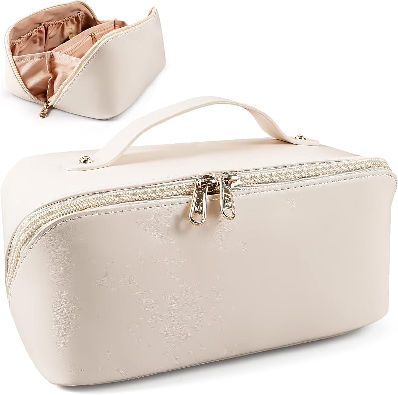 Necessaire de maquiagem MAMUNU com grande capacidade, divisórias, alça e zíper, branca