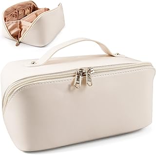 MAMUNU Large Capacity Cosmetic Bag, Travel Cosmetic Storage Bag with Handle, Portable Zipper Cosmetic Bag Toiletry Bag Makeup Bag Large with Compartments for Women Girls (White)