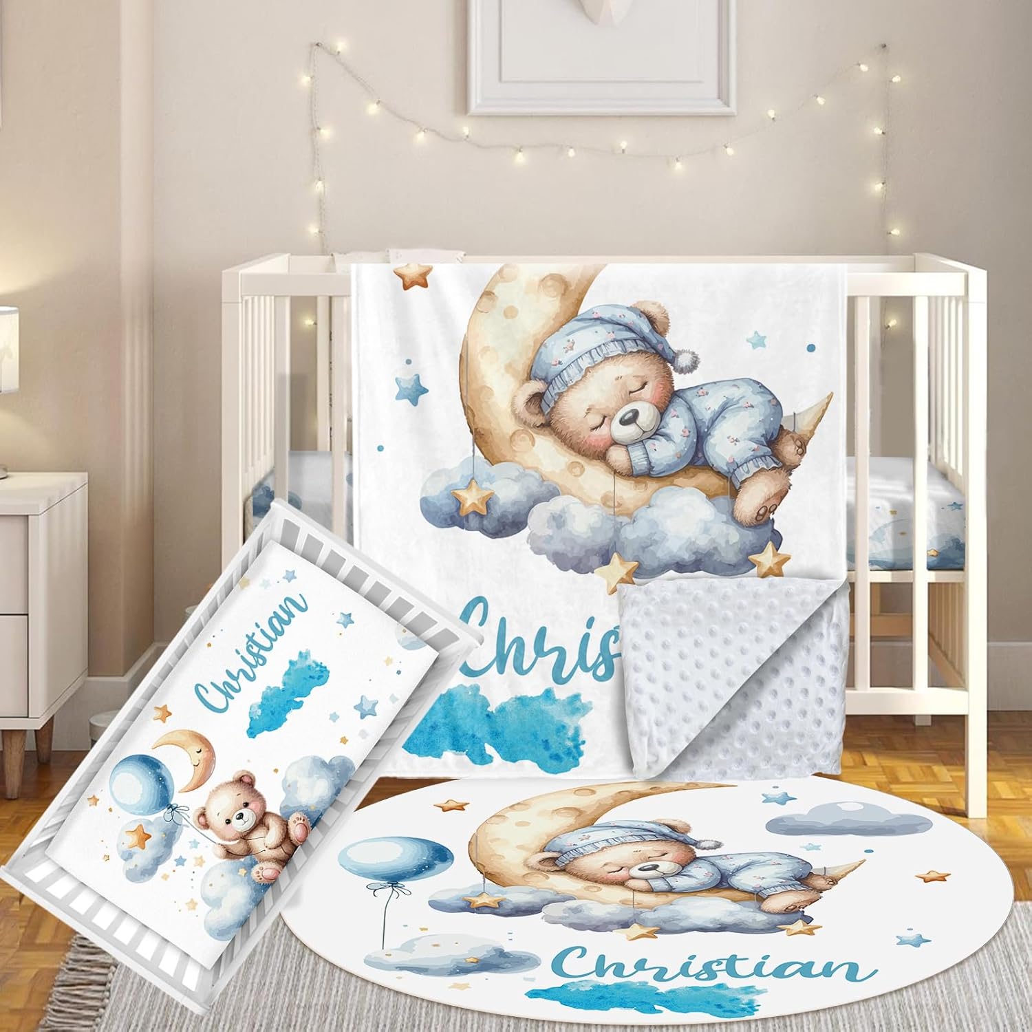 Terwex Custom Baby Crib Bedding Set, 3 Pcs Personalized Nursery Bedding Set with Name, Soft Baby Bedding Crib Sets with Blanket - Toddler Crib Sets for Girls Boys, Infant Newborn Gifts, Blue Moon Bear