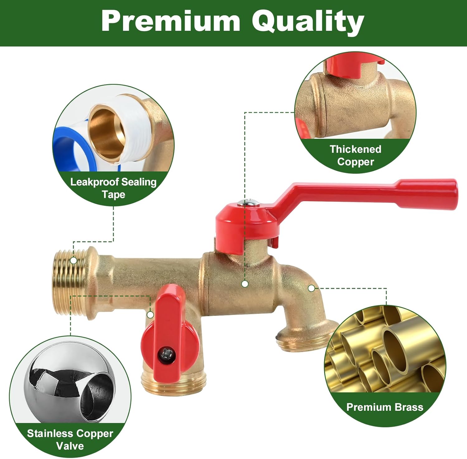 Outdoor Double Taps Water Faucet, Garden Hose Splitter 2 Way, 3/4 inch Wall Mounted Brass Water Tap, Frost-Proof Outside Spigot Replacement with 2 Outlets for Balcony, Lawns, Hose Connector