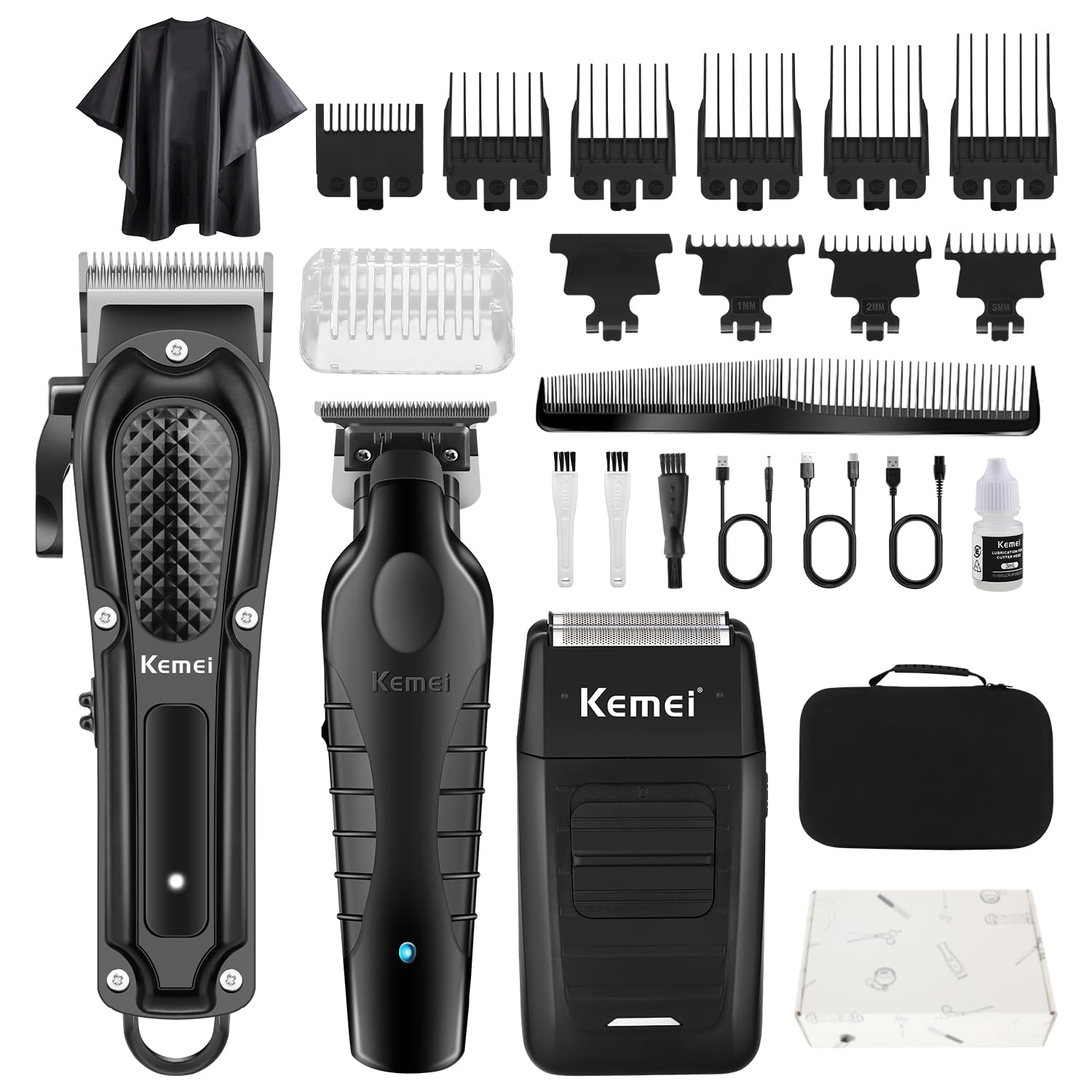 KEMEI Professionelles Haarschneidemaschine Set für Männer, schnurloses Haarschneidemaschine Kit mit Bartschneider & Folienrasierer, R-Type verstellbare Klinge, Baber Clipper, Haarschneide-Kit