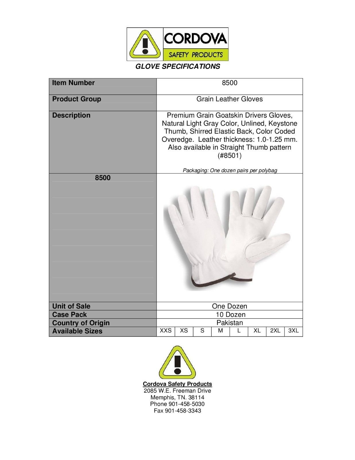 Cordova 8500 Premium Grain Goatskin Drivers Gloves, Keystone Thumb, Color Coded Cuff, Size: Large, Pack of 4 Pair