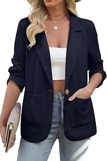 Womens Linen Blazer Casual Long Sleeve Lightweight One Button Jackets Spring Summer Suit