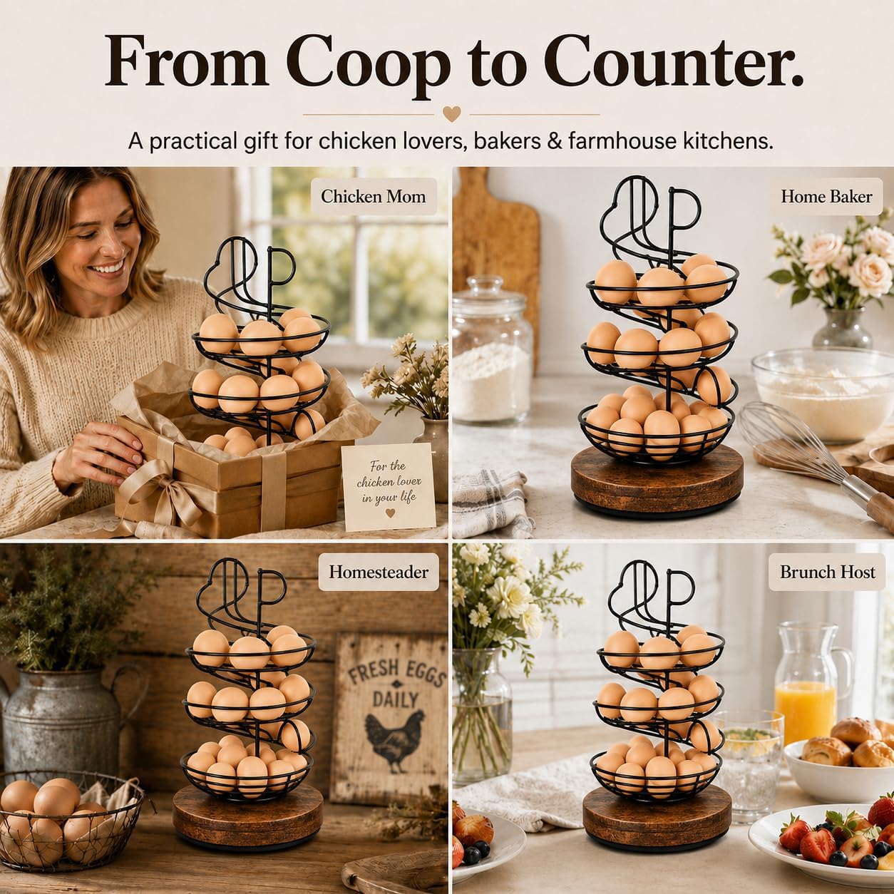 Rotating Metal Fresh Egg Holder Countertop with 360°Wooden Turntable Base