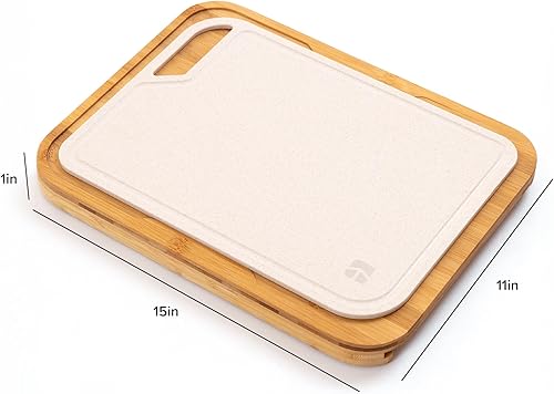 Miniatura 7 de KitchenEdge Tabla de cortar de bambú con tabla de cortar de fibra de arroz anidada para preparación de cocción, juego de cocina de 2 piezas, pies de