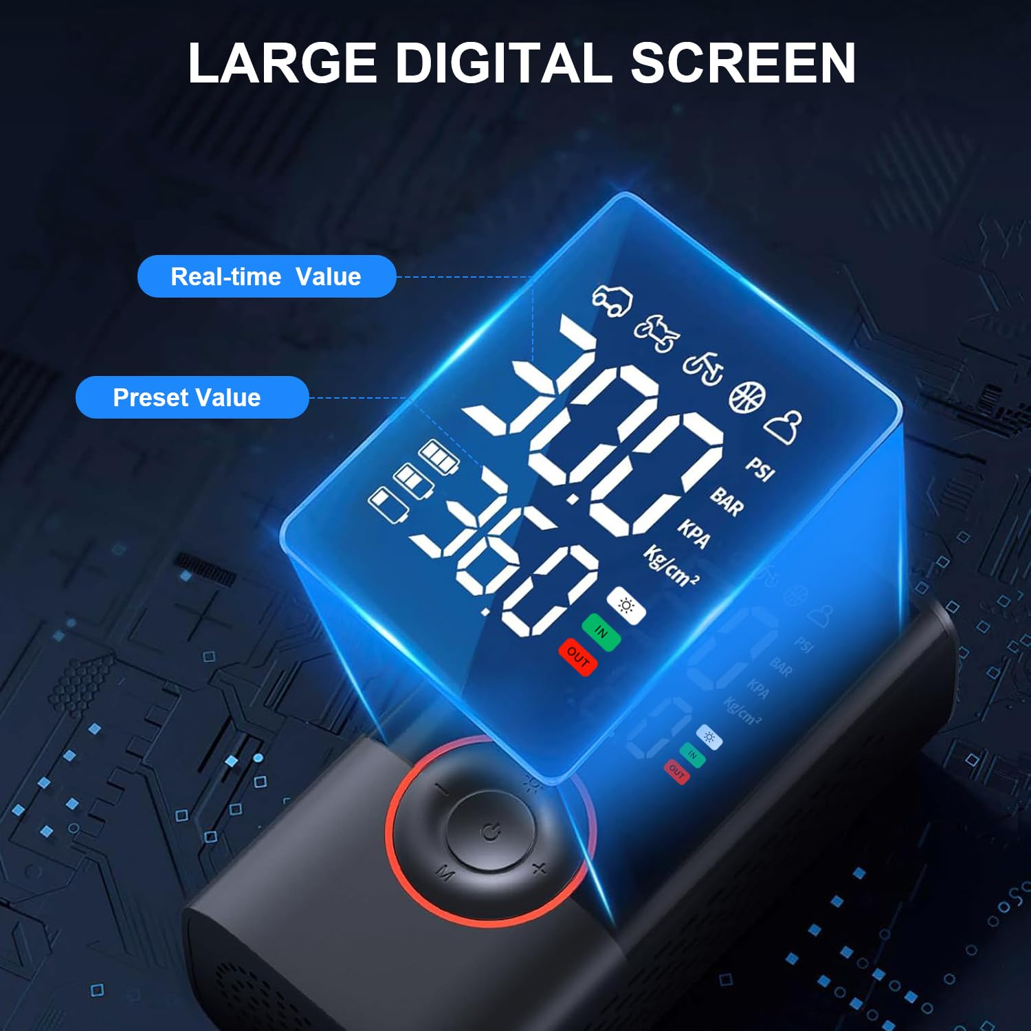 COOLMAN - Inflador de neumáticos portátil, 150 PSI, bomba eléctrica inalámbrica para bicicleta, inflador de neumáticos portátil con medidor de presión LCD y luz LED, ideal para coches, bicicletas