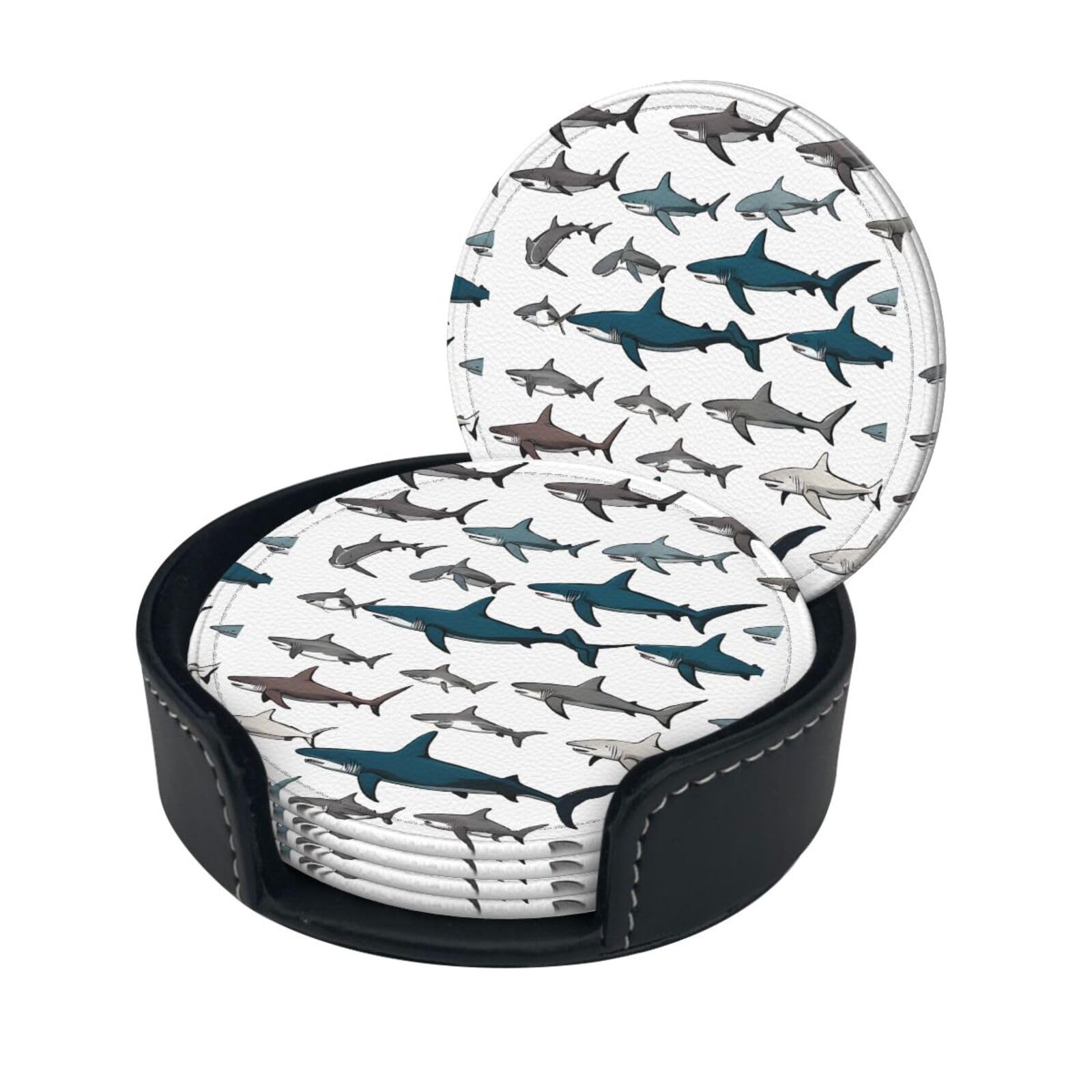Sharks Nautical Print Coaster,Round Leather Coasters with Storage Box for Wine Mugs,Cold Drinks and Cups Tabletop Protection (6 Piece)