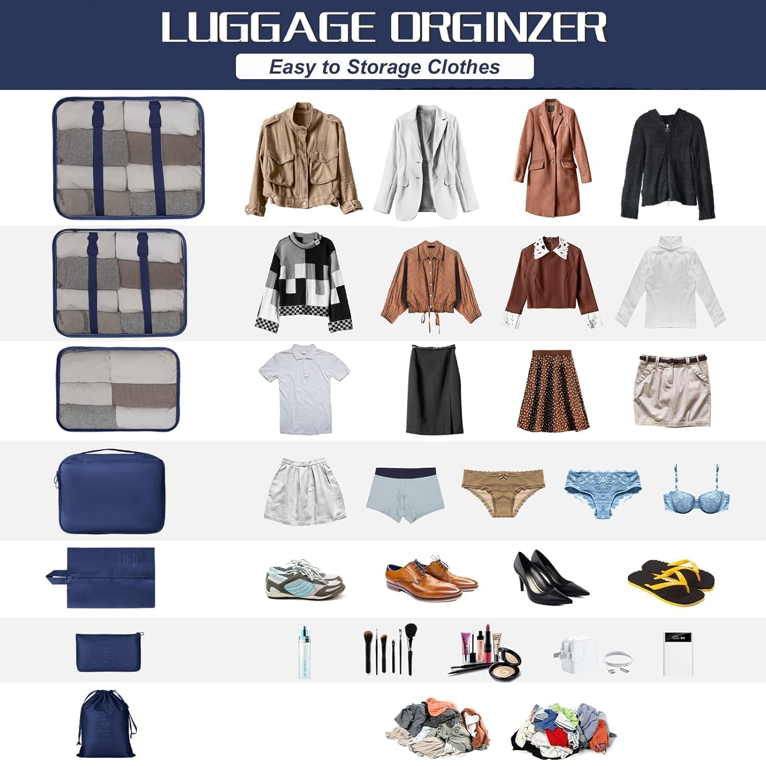 KUKLAR Cubos de embalaje para maletas, cubos de embalaje con bolsa de zapatos, bolsa de ropa, accesorios, cubos de embalaje para viajes, organizador de equipaje, mujeres y hombres (azul), azul
