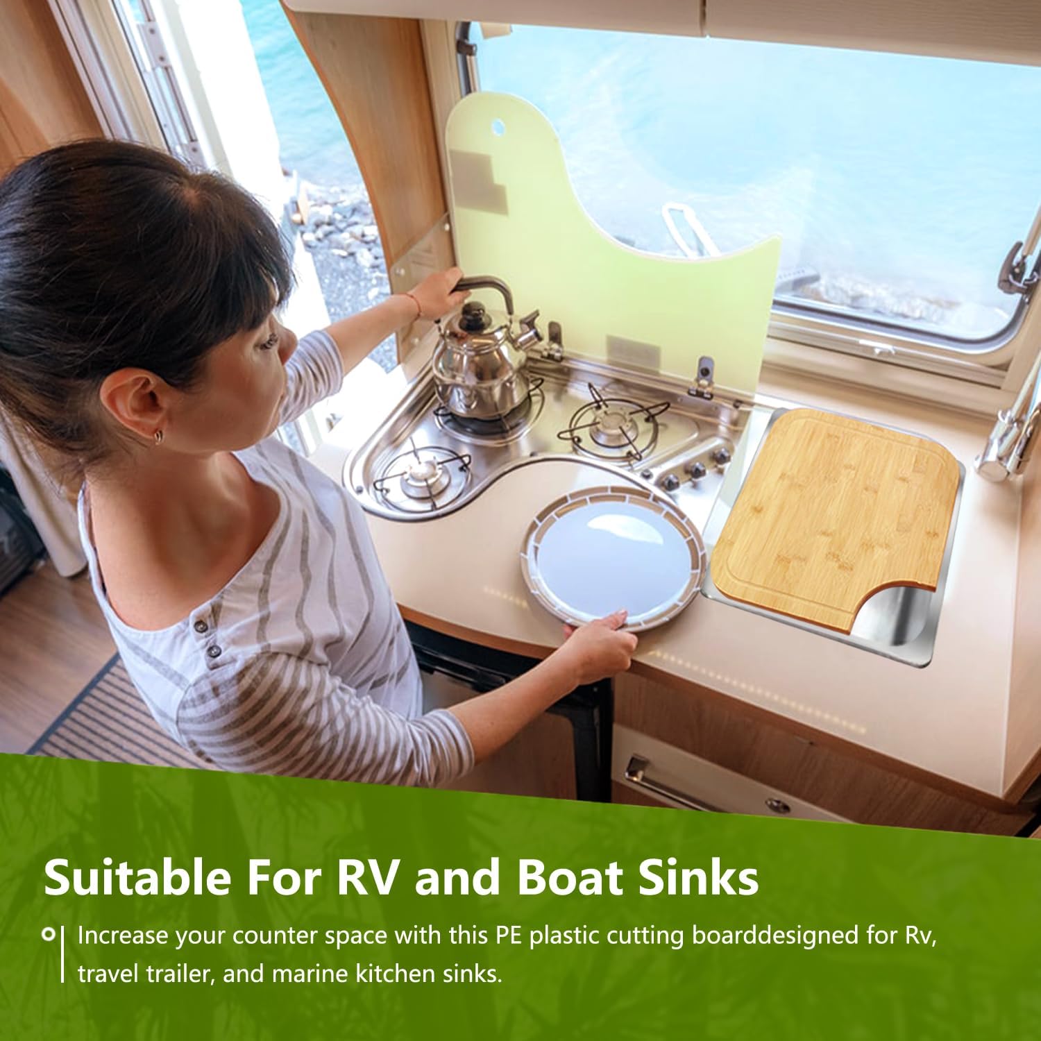 Bamboo Cutting Boards for RV，Non-slip Rubber Feet，Drainage Groove Design Cutting Board,Fits most RV&Boat sinks,14.5“x 12.5” Rv Sink Cover Cutting Board