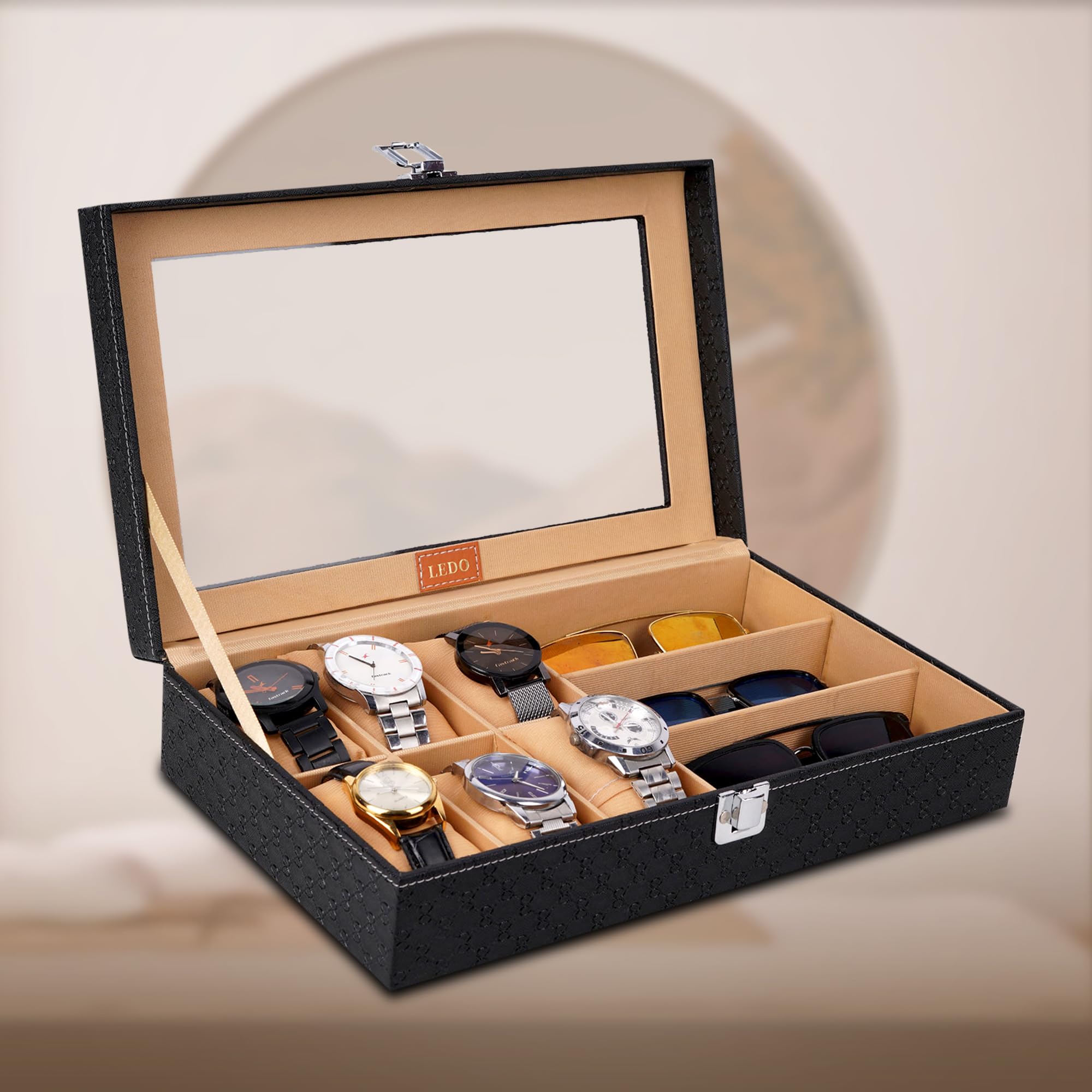 LEDO Watch Case Box and Sunglass Box Holder in Black Color with 6 Slots for Watches and 3 Slots for Sunglasses