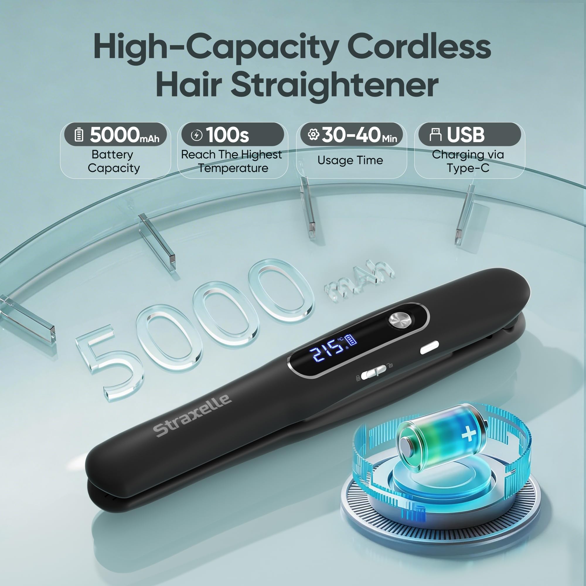 Mini Glätteisen Kabellos und Lockenstab, 2 in 1 Glätteisen Locken und Glätten 175°C-215°C, 5000mAh Reise Haarglätter Mini 3 Einstellbare Temperaturen mit LED Anzeige für alle Haartypen (Schwarz)