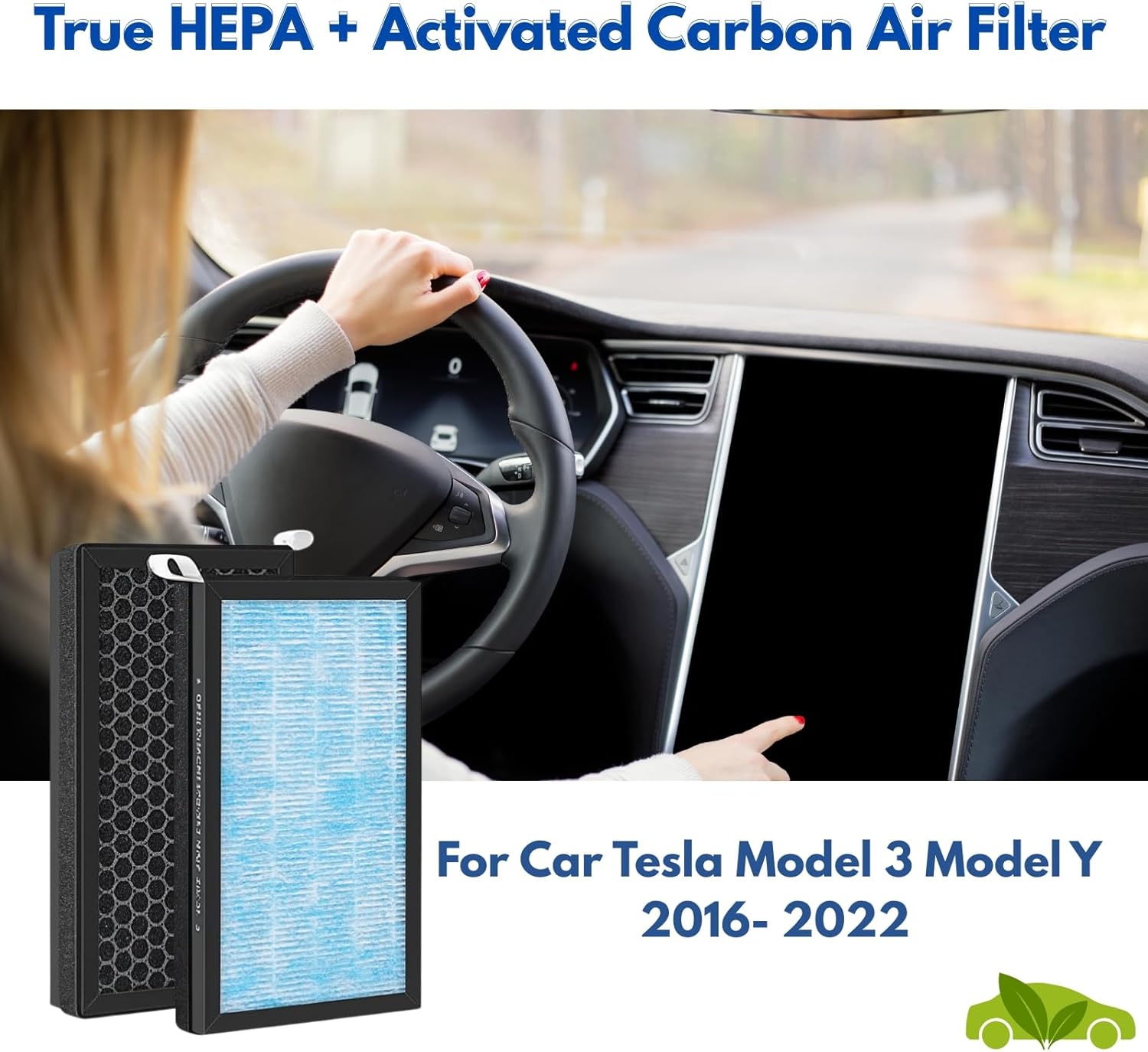 Nispira 3-in-1 Cabin Intake HEPA Air Filter Replacement Activated Carbon For Tesla Model 3 / Model Y 2016-2022. Part 1107681-00-A. Size 9.4" x 5.4" x 2.5". Pack of 2