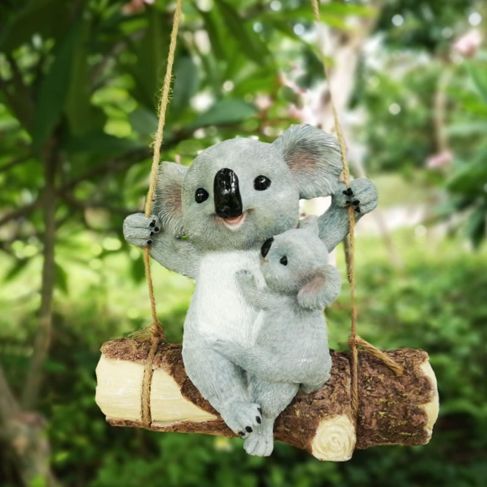 Resin Swing Koala Bear Figurine and Sculpture Miniature Fairy Statue Garden Ornament Outdoor Tree Hanging Decor