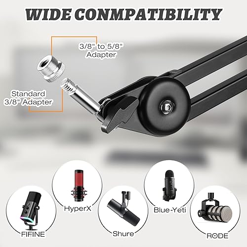 Miniatura 6 de Brazo de brazo de micrófono soporte de micrófono resistente con abrazadera de montaje de escritorio y clip de micrófono, ideal para podcast y