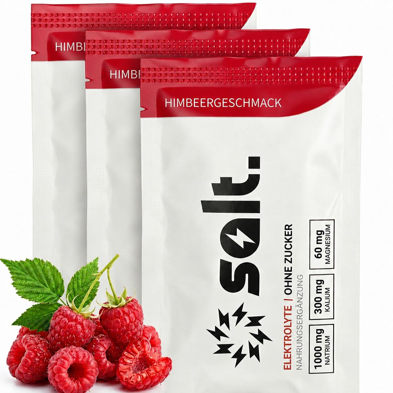 Elektrolyte ohne Zucker - Getränkepulver 30 Sticks Himbeere - 1000mg Natrium, 300mg Kalium, 60mg Magnesium - Elektrolyte Sport & Fitness, Ausdauer, Keto & Low Carb, vegan - Made in Europe by salt.