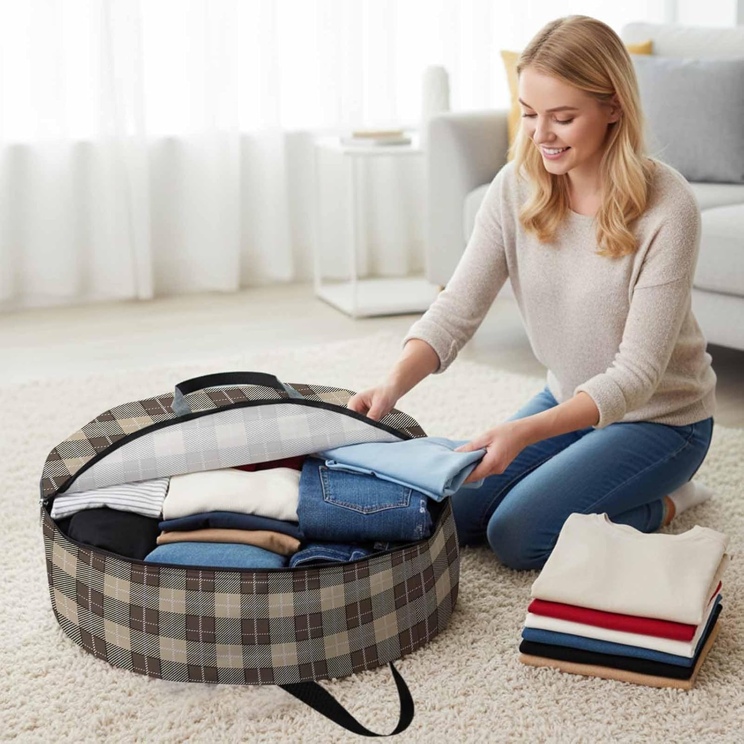 Brown Buffalo Round Storage Bag 36 Inch, Lattice Clothes Storage Container with Handles Heavy Duty Organizer for Comforter, Bedding & Holiday Wreaths