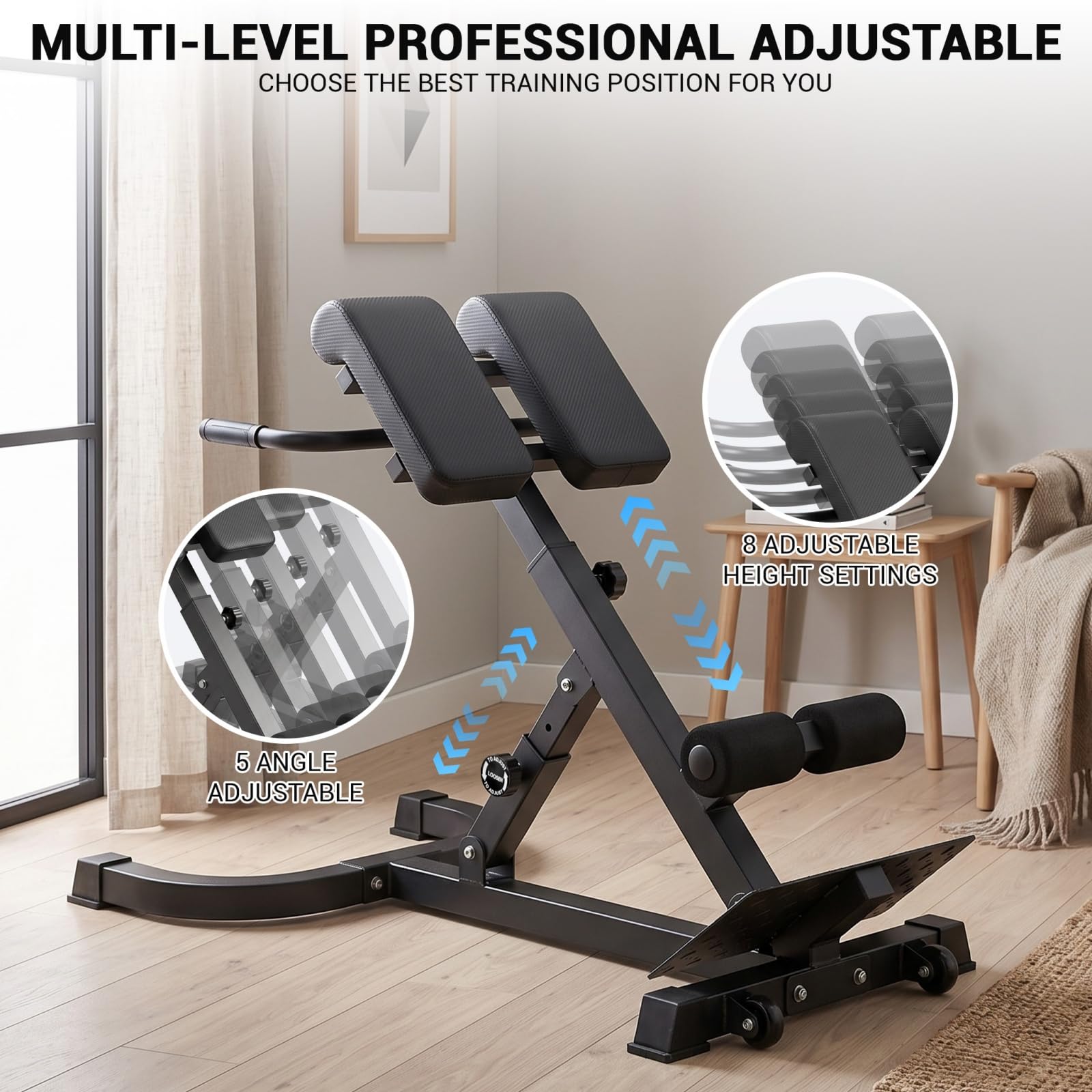 Banco de hiperextensión ajustable y plegable, silla romana de culturismo con 5 posiciones de inclinación, 8 ajustes en altura, banco lumbar para espalda, abdominales, glúteos, fitness en