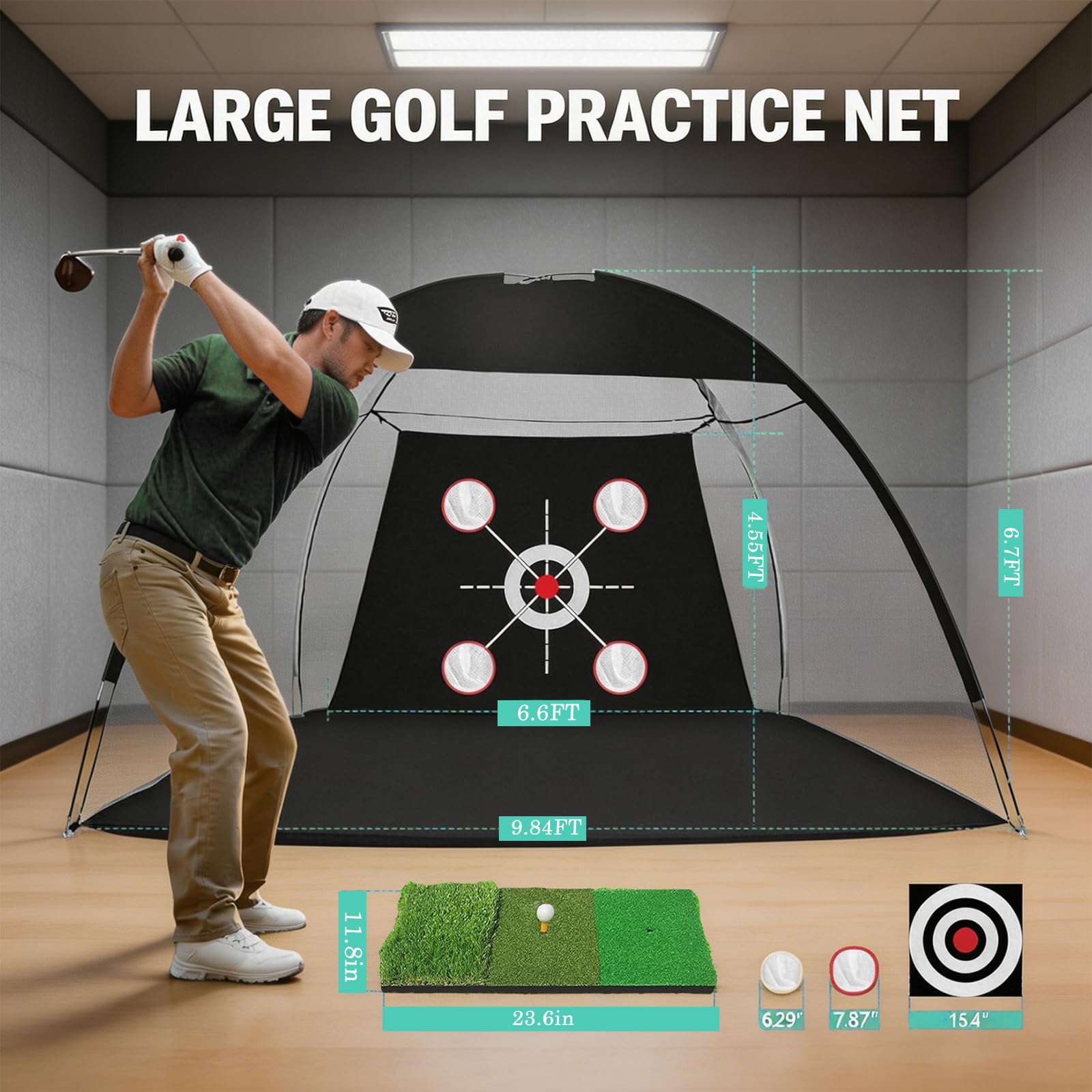 Multifunktionales Golfballnetz 300×180×240cm, Golf Trainingshilfen mit 3-Zonen Matte & 10 Bällen, Tragbar für Indoor & Outdoor, Minigolf für Zuhause,Golf Netz