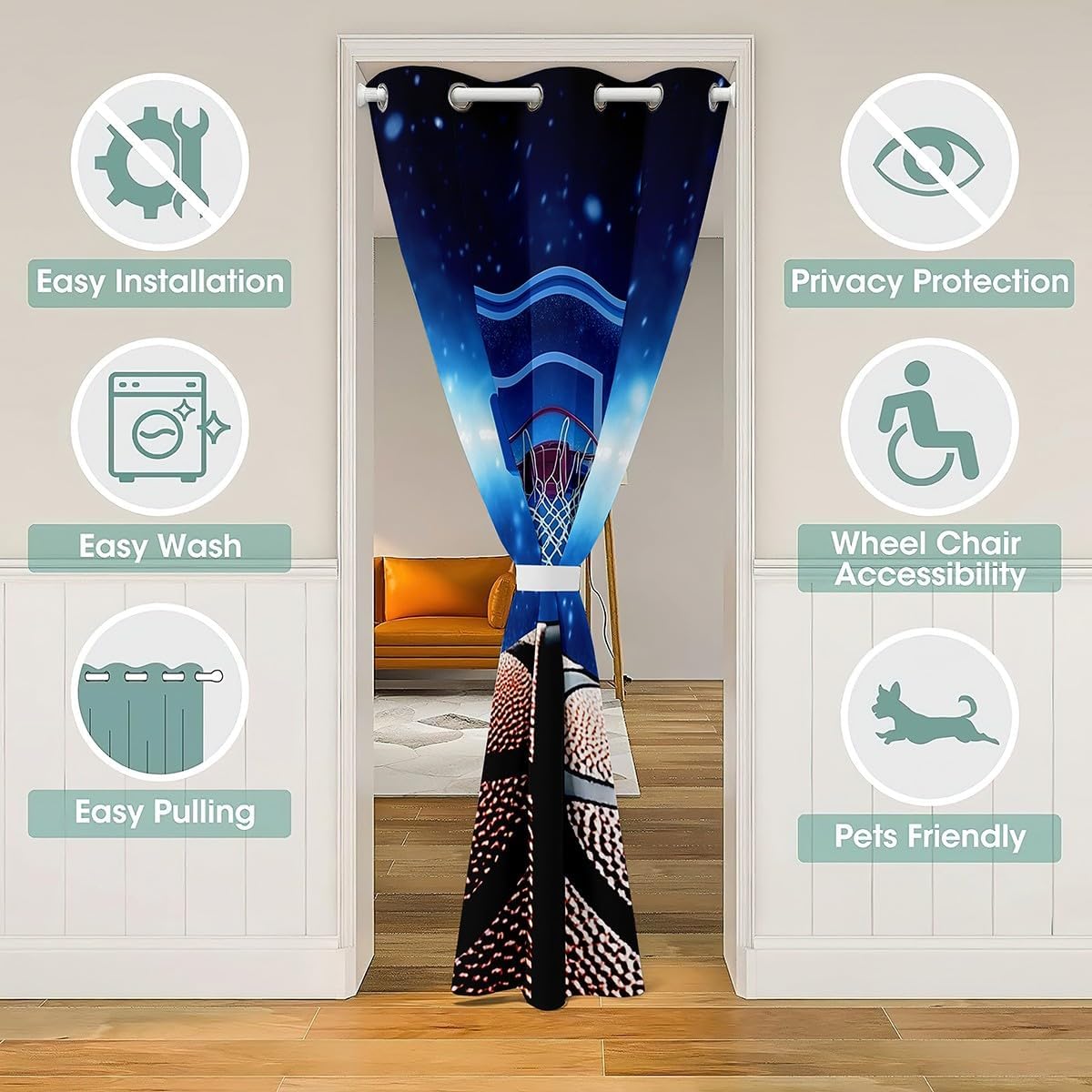 Basketball Door Curtain for Doorway Privacy 34"x80" 1 Panel Sports Theme Room Divider Curtain Cover Basketball Court Print Insulated Thermal Curtain Bedroom Blue Print Gaming Sports Window Treatments