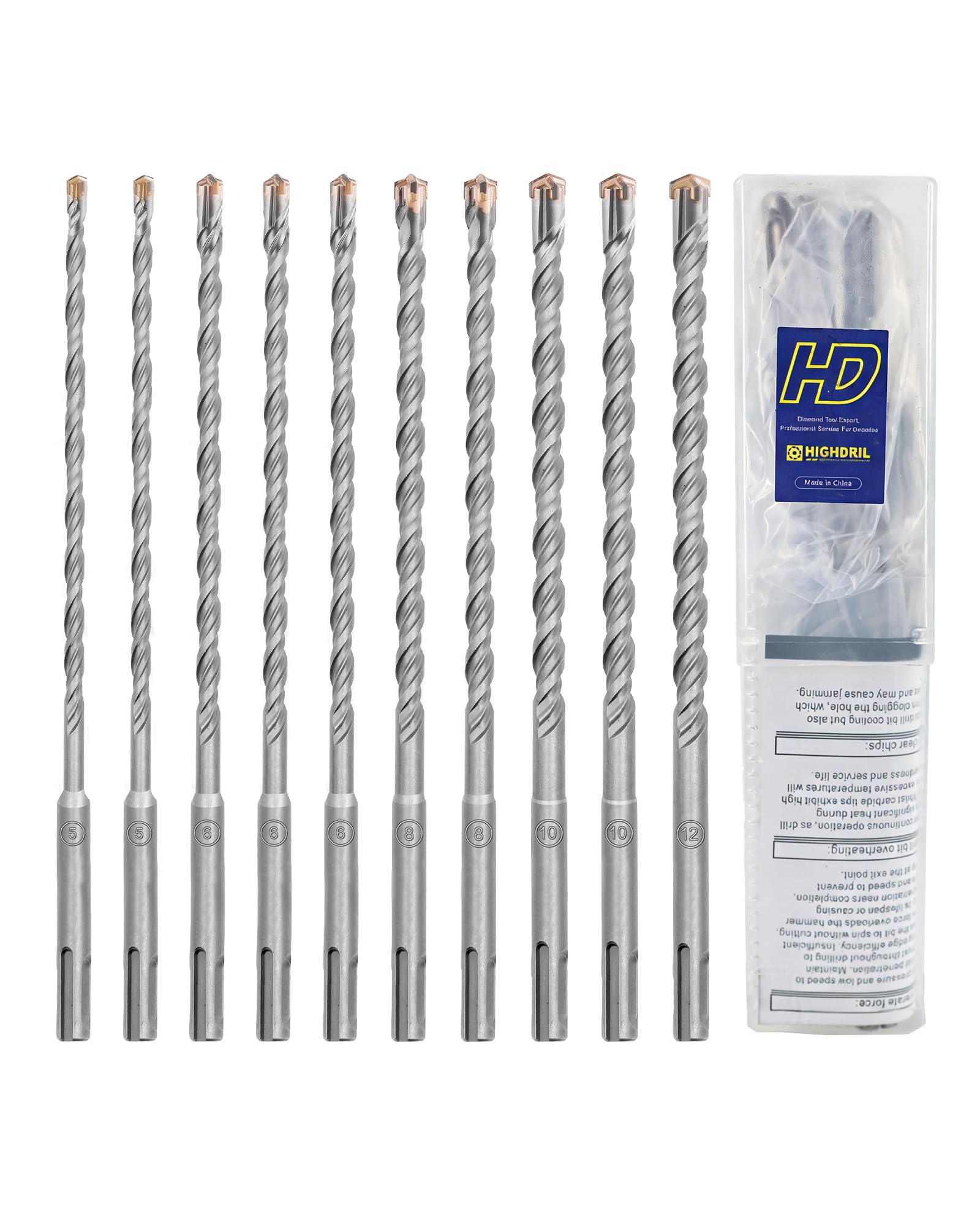 HIGHDRIL SDS Plus Drill Bit Set – 10 Pieces 5/6/8/10/12 mm (Length 210 mm) with Carbide Tip, Hammer Drill Bits for Concrete, Brick, Stone and Granite