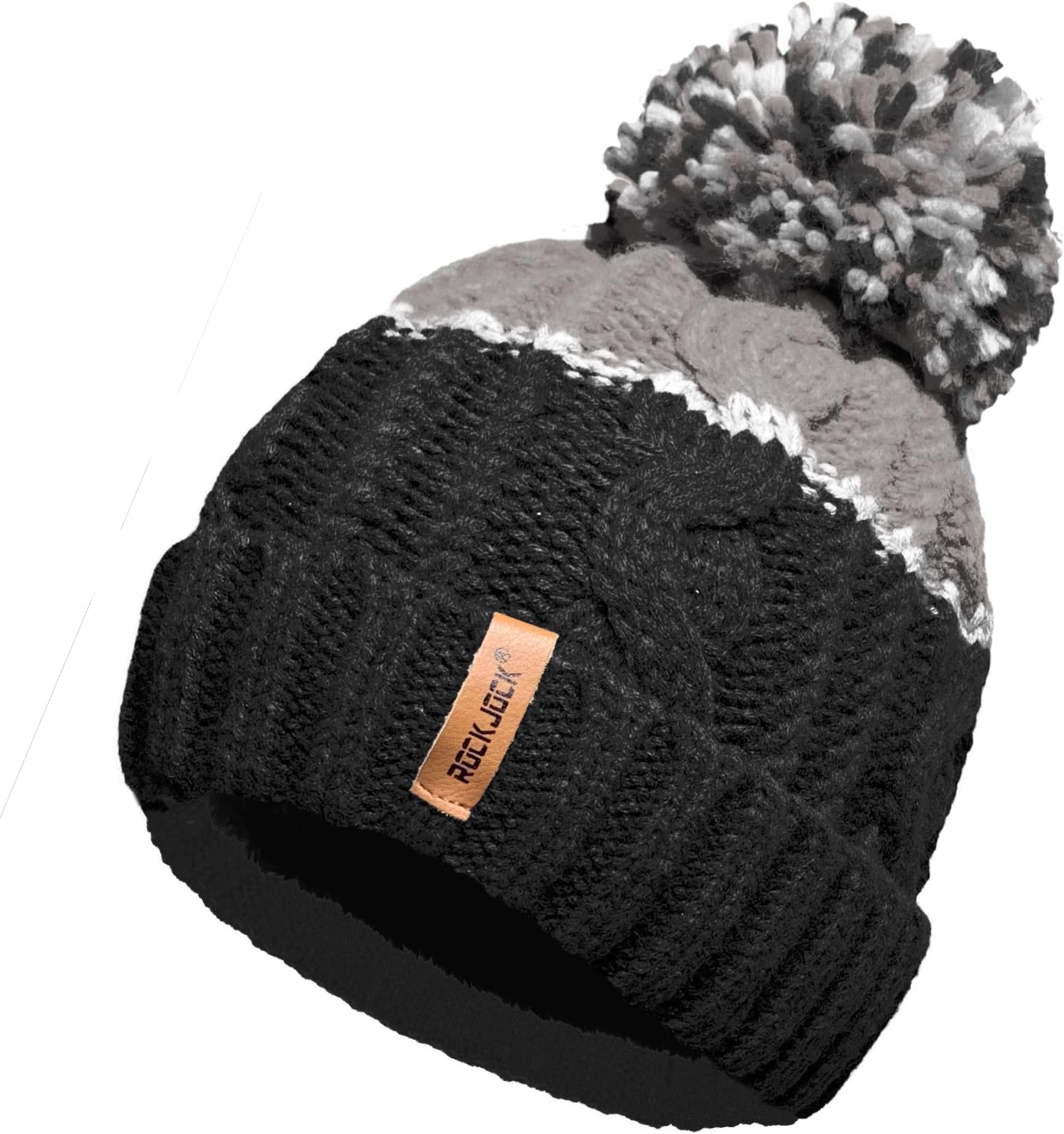 Unisex Mens Ladies Warm Winter Chunky Colour Block Ski Bobble Pompom Hat with Cosy Thermal Teddy Fleece Liner