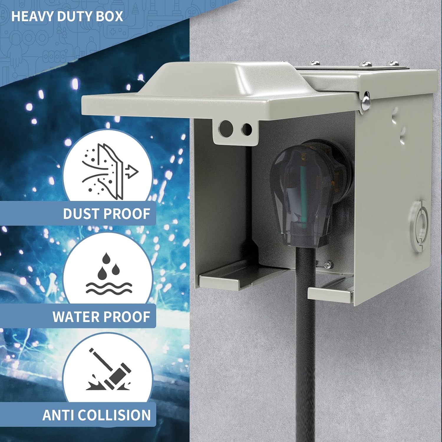 50 Amp 250 Volt 6-50R EV/Welding Power Outlet Box, Enclosed Lockable Weatherproof Outdoor Electrical