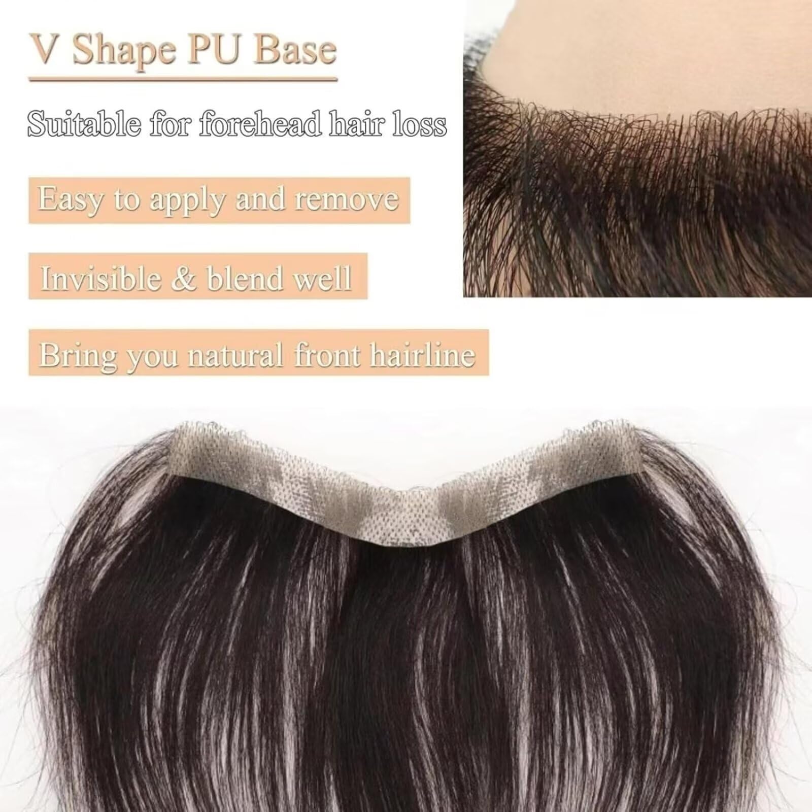 Parrucca frontale per uomo, con attaccatura dei capelli sulla fronte, toupet con anello a M in PU skin, toupet per attaccatura dei capelli naturale, nero 1,5x16 cm