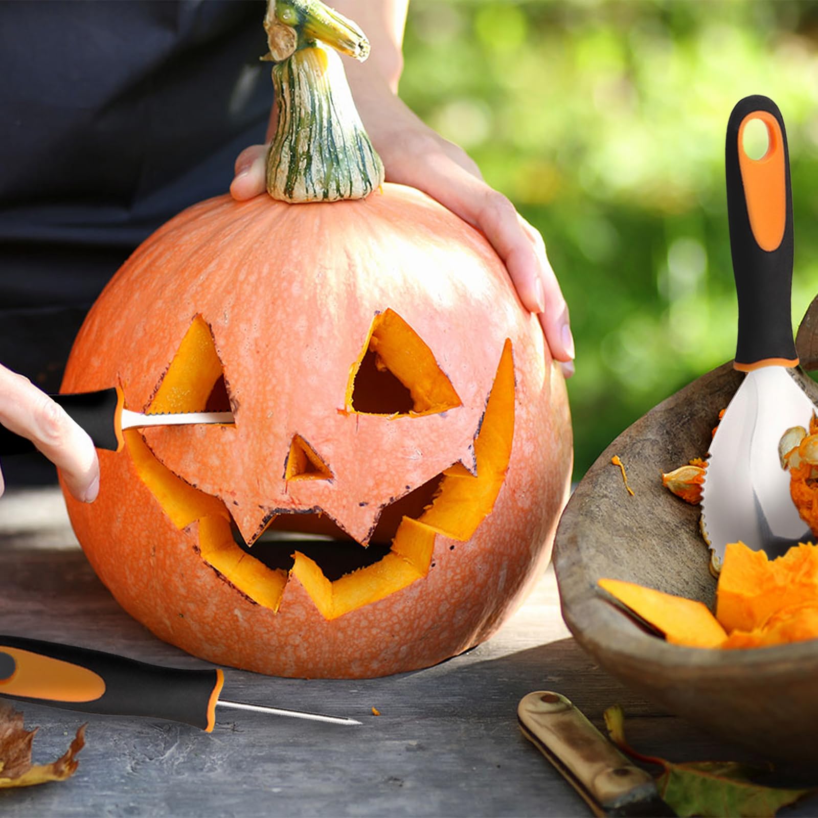 MALLY kit intaglio zucca Halloween 11 pezzi, strumento intaglio acciaio inossidabile, coltello e cucchiaio