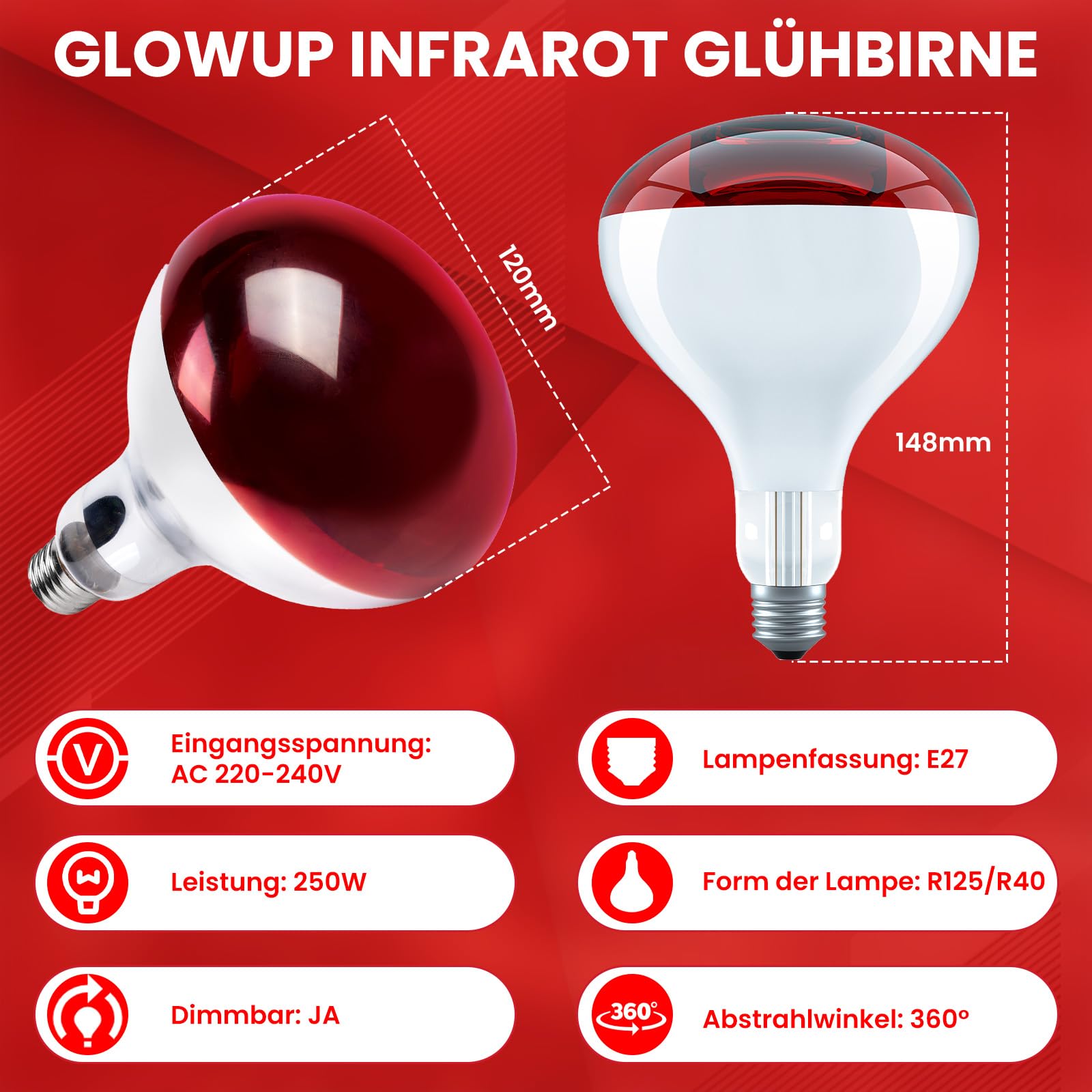 GlowUp R125 E27 Infrarotlampe, 250W Dimmbar Infrarot Wärmelampe Reflektor Rotlichtlampe Wärmelampe für Küken, Schildkröten, Schweinestall (2 Stück)