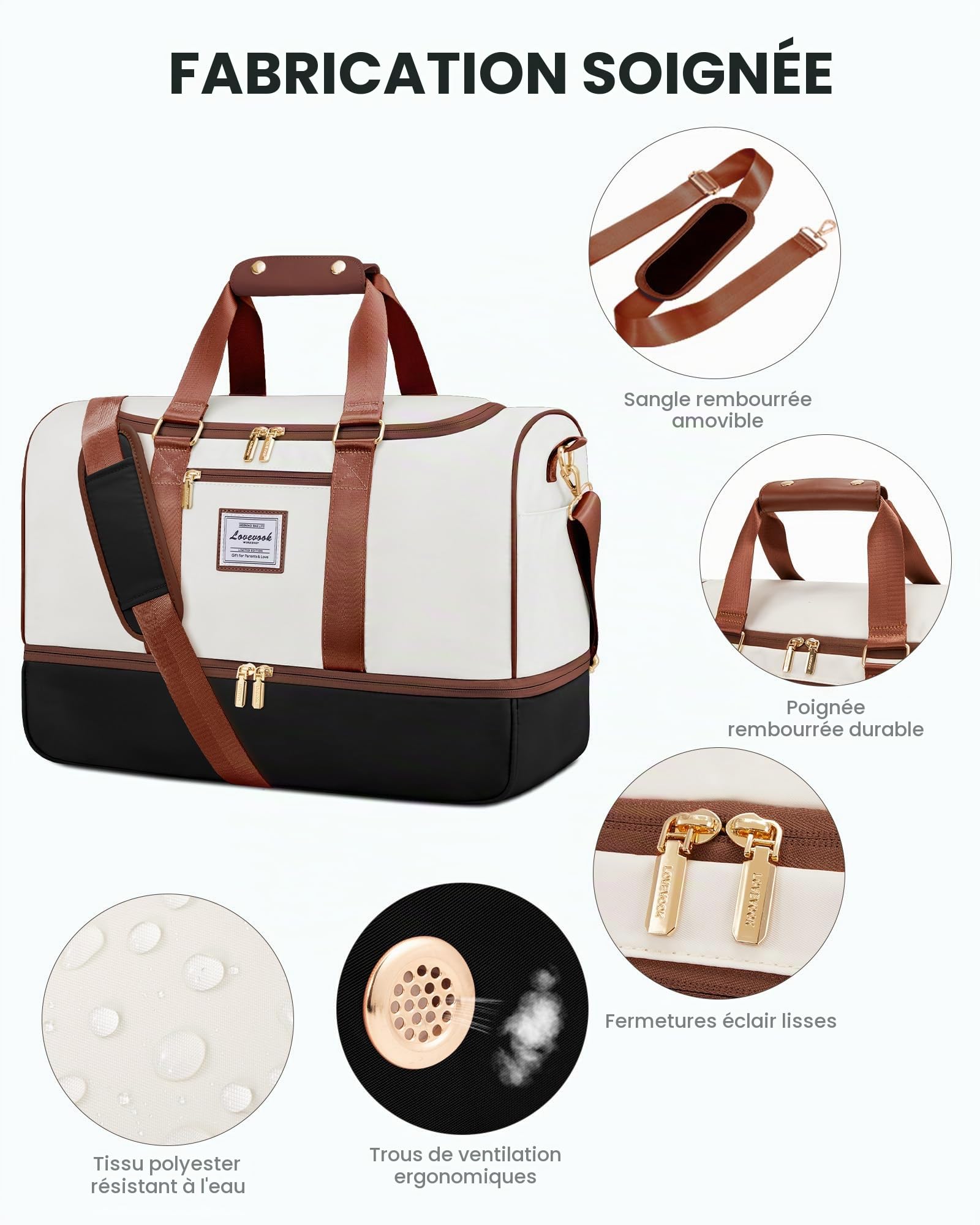 LOVEVOOK Sac de voyage pour femme - Sac de voyage Weekender - Avec trousse de toilette, compartiment à chaussures et compartiment humide - Étanche - Pour sport, vacances, avion, Beige/noir/marron, m