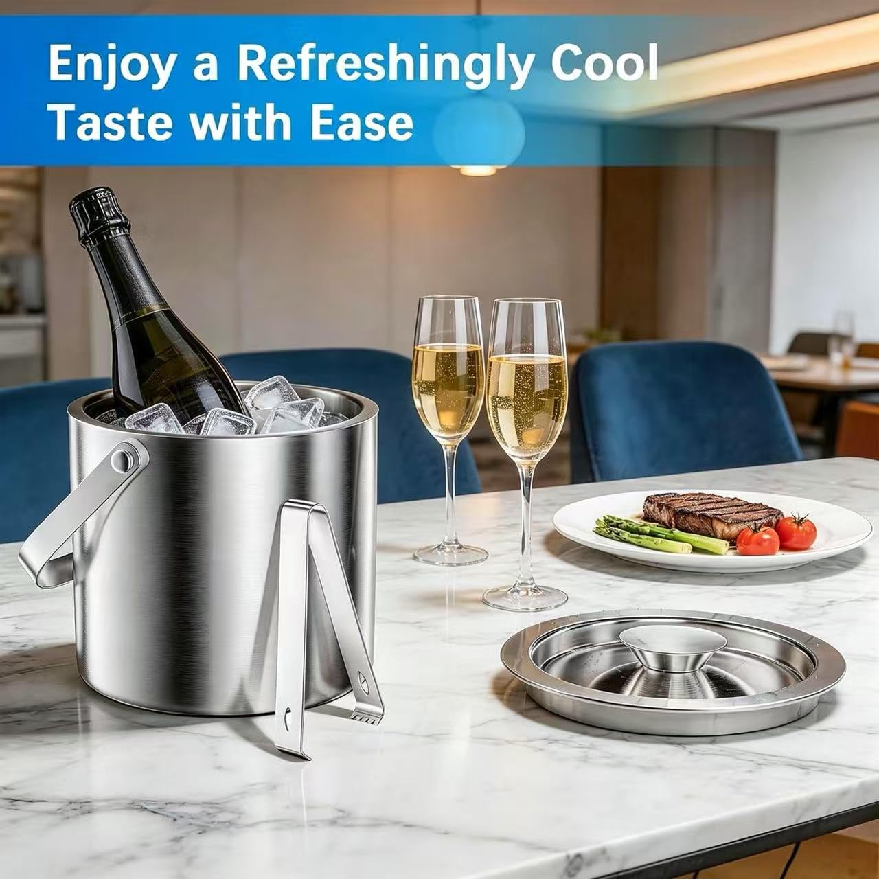 3L Eiskübel aus 304 Edelstahl mit Doppelwand, Deckel und Eiszange – ideal für Hausbars, Partys und Cocktail-Servieren (2L)