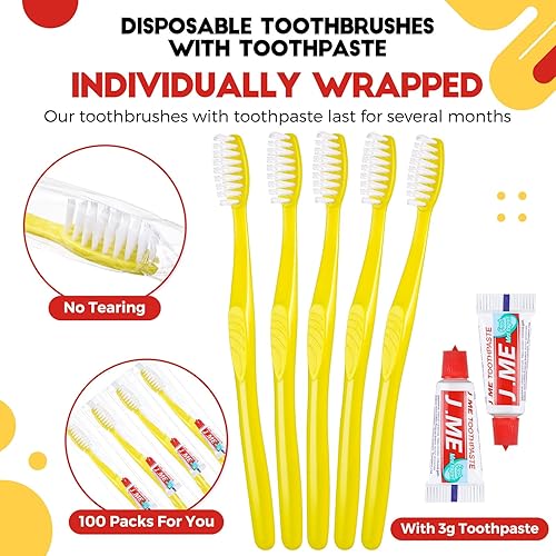 Miniatura 2 de Baderke 100 cepillos de dientes desechables con pasta de dientes, amarillo envueltos individualmente, kit de cepillos de dientes desechables de