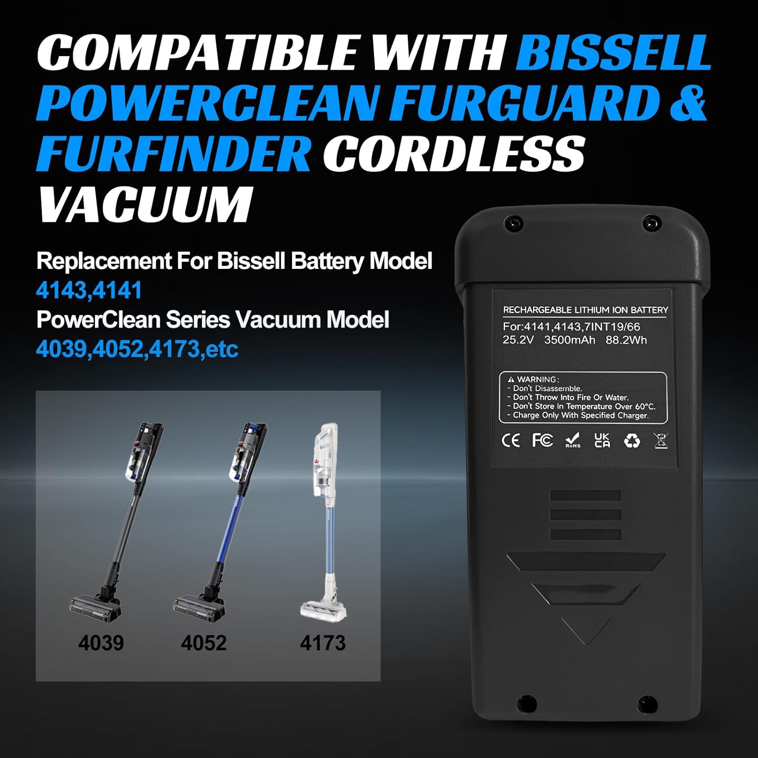 BooNer Battery for Bissell PowerClean FurGuard & FurFinder Cordless Vacuum, Replacement for Battery Model 4143,4141, Compatible wtih Bissell PowerClean Series Vacuum Model 4039,4052,4173,etc (Gray)