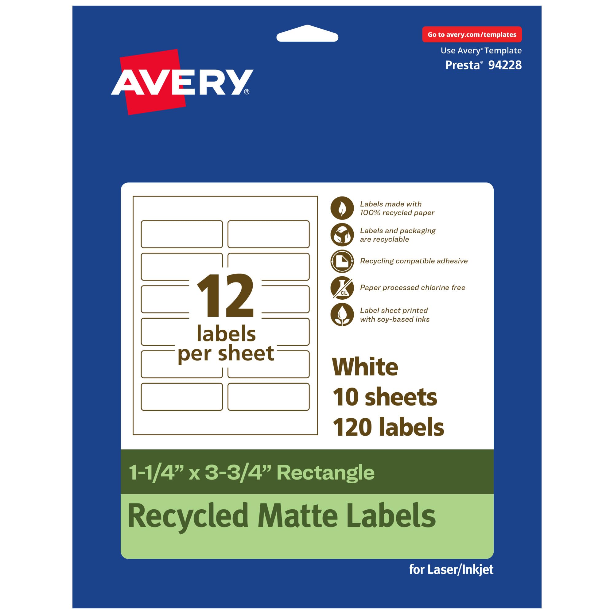 Avery EcoFriendly Matte White Recycled Rectangle Labels, 1.25" x 3.75", Print-to-The-Edge, Matte White Labels, Permanent Adhesive, Laser/Inkjet