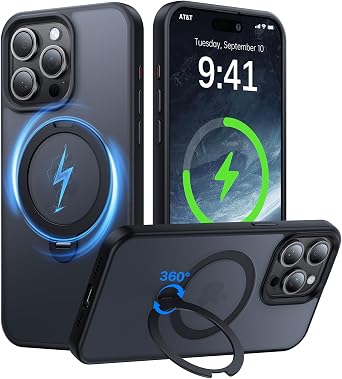 حامل مغناطيسي 360 لهاتف iPhone 15 Pro Max، [متوافق مع MagSafe] حامل حلقي غير مرئي مدمج، جراب هاتف شفاف غير لامع مقاوم للصدمات لهاتف iPhone 15 Promax، أسود