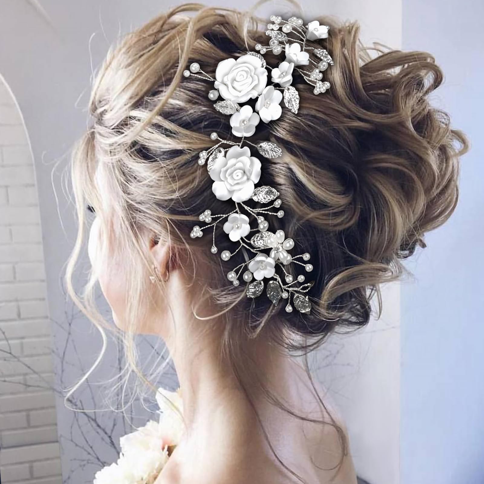 Kiiwah Flor Boda Cabello Vid Accesorios Diadema Para El Pelo de Novia Perla Horquillas para El Pelo En Forma de U Plata Tocado De Novia para Mujeres y Niñas