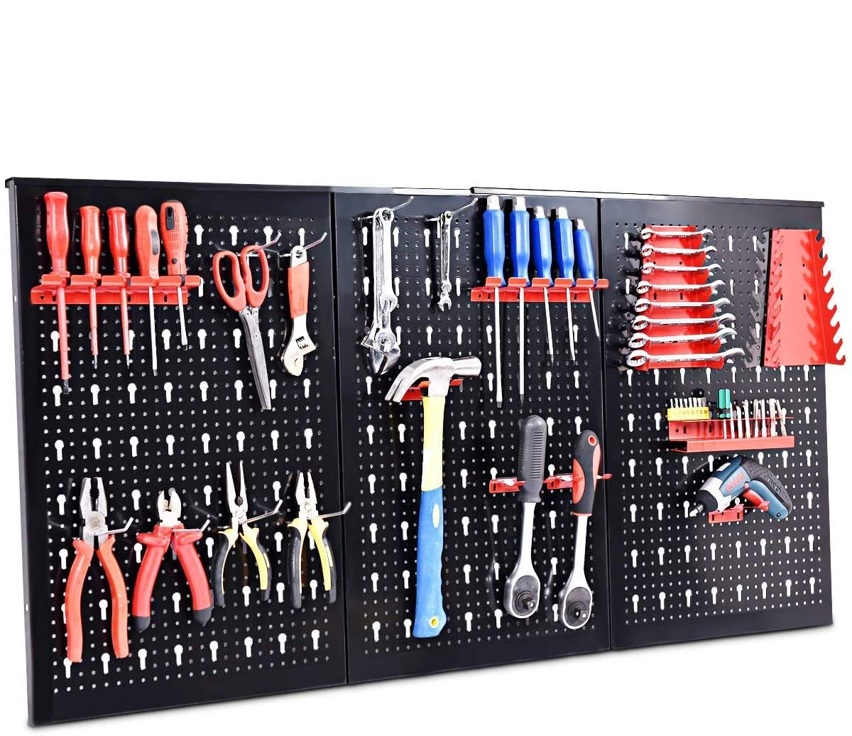 COSTWAY Organizador de Herramientas para Pared, Kit de Organización de Herramientas de Metal con 3 Paneles Perforados y 17 Accesorios para Colgar (con 17 Accesorios)