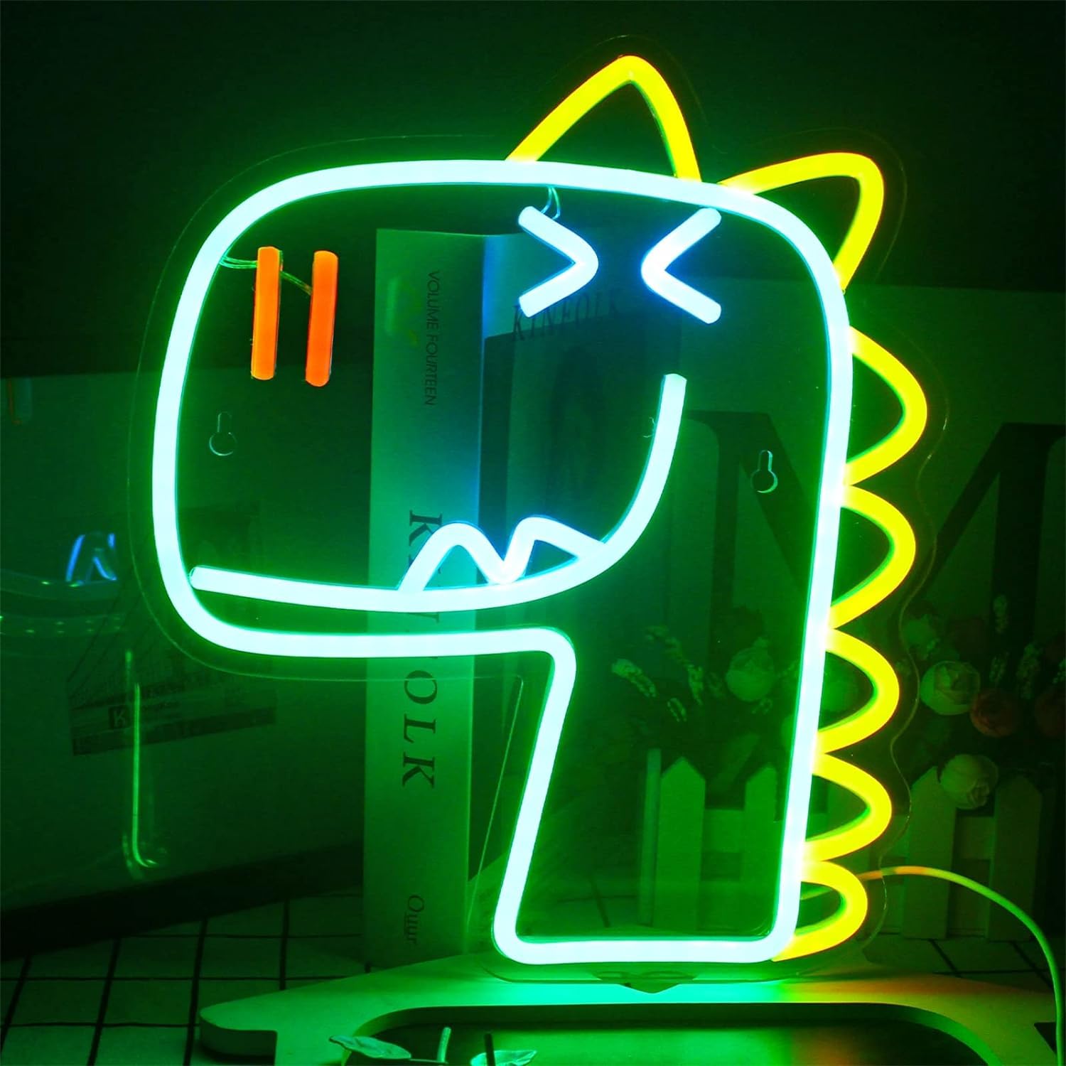 Akrylowy podświetlany napis Znak neonowy LED Zielony dinozaur Neony, Neony LED USB do pokoju dziecięcego Wystrój sypialni, Wiszący na ścianie szyld świetlny, 33X28cm Znak świetlny na ścianę domu