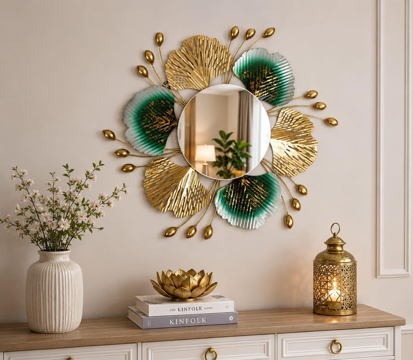 Decorative Wall Mirror with Gold & Green Floral Metal Frame | Round Centre Mirror, Gold Finish Petals, Teal Accent Leaves, Living Room Decor, Metal Wall Art-image-31