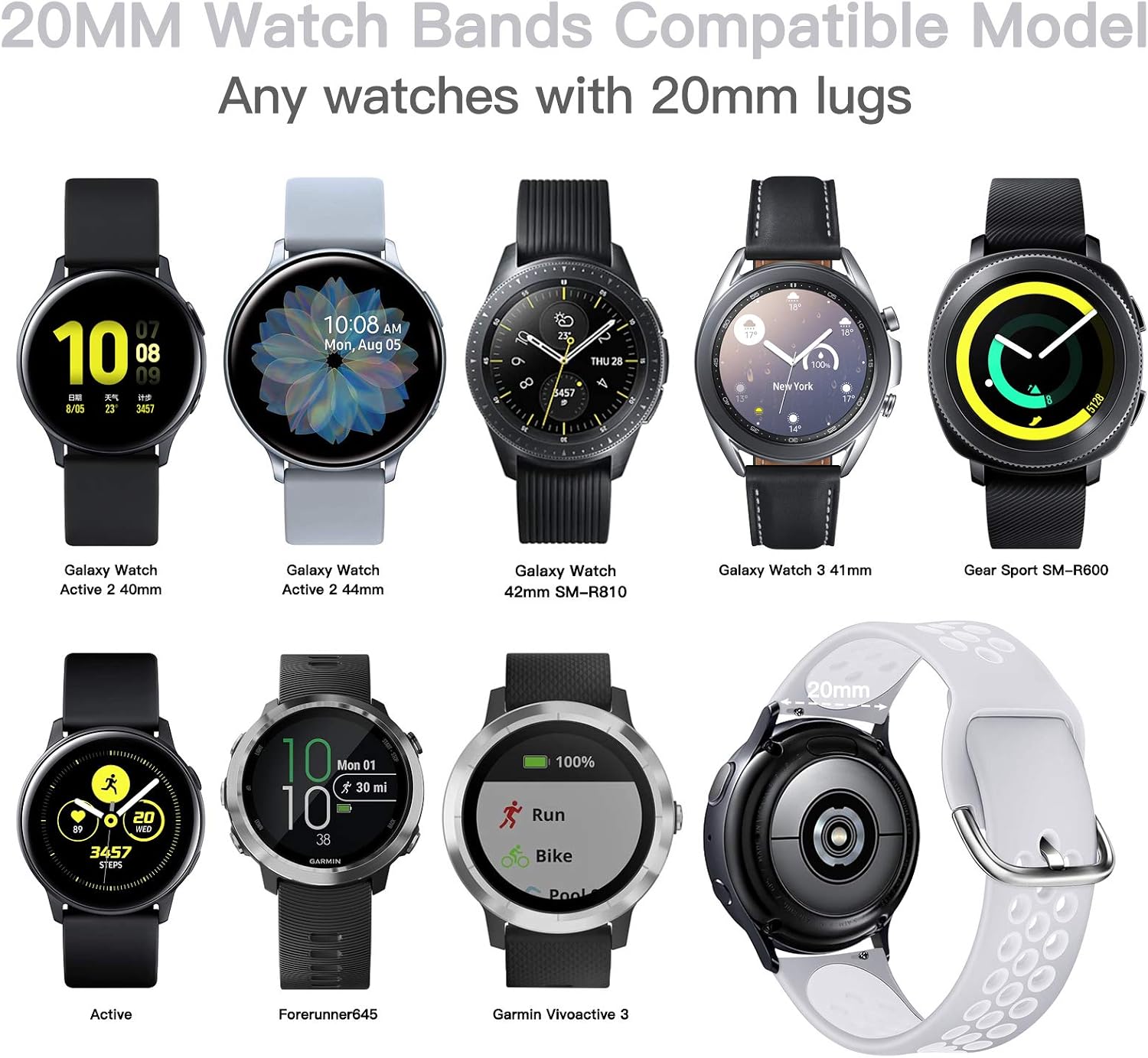 EZCO Sport Bands Compatible with Samsung Galaxy Watch Active 2 40mm 44mm / Active/Galaxy Watch 3 41mm, 20mm Soft Silicone Breathable Watch Strap Replacement Wristband Accessories Women Man