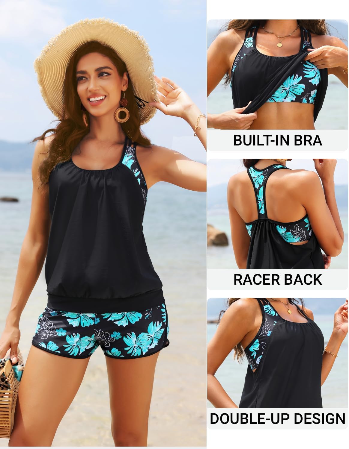 Women Tankini Swimsuits with Shorts - Two Piece Tummy Control Blouson Tankini with Two Pockets Bottom Bathing Suit