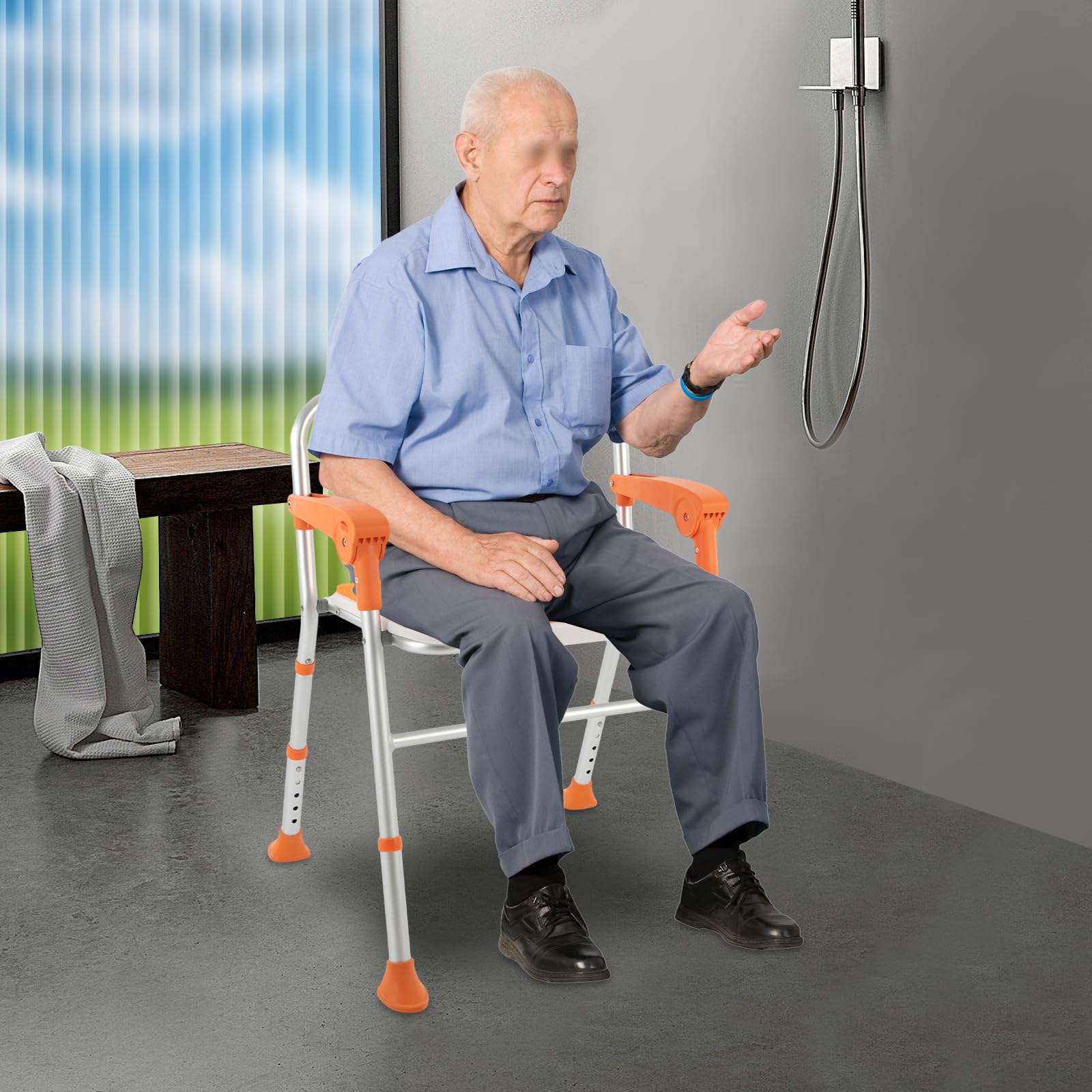 Silla de ducha de pie con reposabrazos y respaldo, silla de ducha plegable, altura del asiento ajustable en 5 niveles, pies antideslizantes, para personas mayores, discapacitados, embarazadas